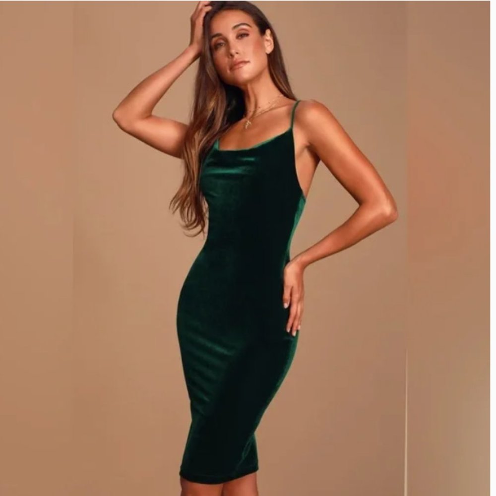 velvet emerald green spaghetti strap midi dress